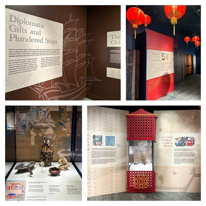 A collage showcasing the wall graphics and museum displays with informational text and pops of color.